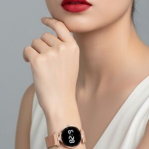 Rose Gold Rhinestone Buckle Mesh Belt LED Watch